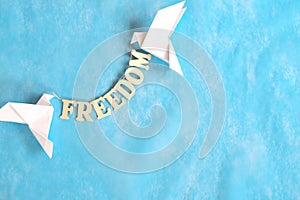 Concept of freedom. White dove origami carrying word heaven in sky blue background.