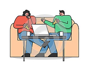 Concept Of Freelance Work, Friendship And Leisure. Couple Man And Woman Are Sitting On Sofa In Cafe