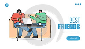Concept Of Freelance Work, Friendship And Leisure. Website Landing Page. Couple Man And Woman Eating Pizza