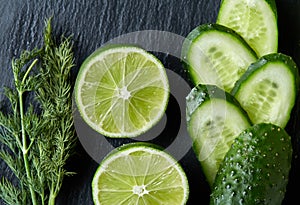 Concept of fresh green lettuce, cucumber, dill, lime on a light background, selective focus, top view, copy space.