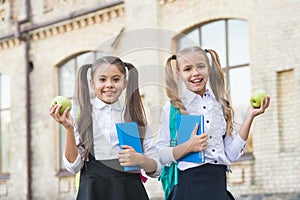Concept of friendship. little pupil with notebook and apple. lunch time at school break. happy kids in uniform. learning
