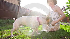 Concept of friendship and pets. Happy young woman and dog having fun at grass