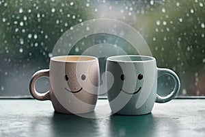concept friendship relationship support day rainy coffee cup cuddle sill window couple mug face similing Happy