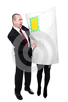 Concept in front of white: Businessman get a shipment