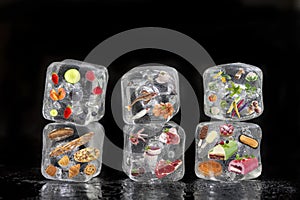 Concept of frozen products: fruits, vegetables, fishs, meat, spices herbs, pastry, were frozen inside ice cubes on black