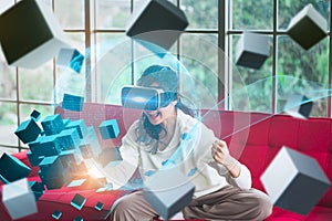 Concept future innovation,technology invention,..young asian woman use VR HeadSet opens up modern experience and have fun,with vir