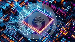 Concept of the future microchip processor with lights on the blue background. Quantum computing, big data processing