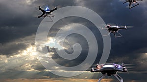 Concept of the future. Police drones take off