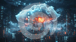 Concept of a futuristic business network based on AI and cloud computing for data transmission, database, and data