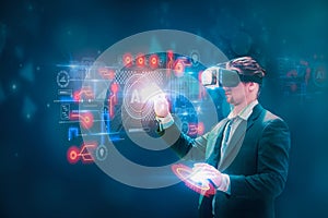 Concept futuristic innovation and technology,businessman using VR goggles virtual reality connect to interface screen display,