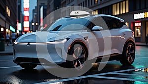 Futuristic neuralnetwork rendered image showcases an innovative taxicab with sleek electric design photo