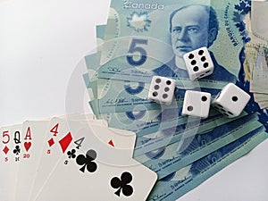 Concept of gambling or gaming with cards dice and money