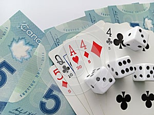 Concept of gambling or gaming with cards dice and money