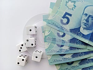 Concept of gambling or gaming with dice and money