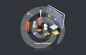 Concept Of Game Development. Team Of GameDev In Process Of Create And Develop New Computer Video Game Design. Digital
