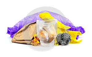 Concept of garbage and pollution. A pile of trash, crumpled plastic cup, packages, paper isolate on a white background