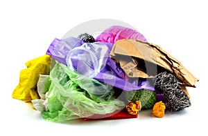 Concept of garbage and pollution. A pile of trash, crumpled plastic cup, packages, paper isolate on a white background