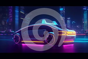 concept generic automated self driving taxi design in electric futuristic neon style with copy space at night, mixed digital 3d
