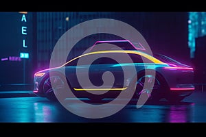 concept generic automated self driving taxi design in electric futuristic neon style with copy space at night, mixed digital 3d
