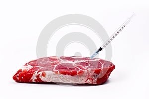 Concept for genetically modified animals or antibiotics and medicine residue in food with raw red meat with injected syringe