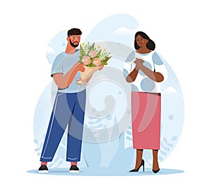 Concept of gifting and gratitude. A man holding flowers for a surprised woman, vector illustration on a floral and