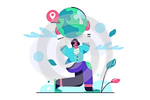 Concept girl holding planet earth in her hands