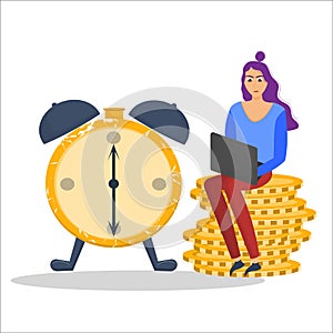 Concept girl on a stack of coins with a watch. Freelancer working on a laptop, time is money. Earn money remotely. Vector