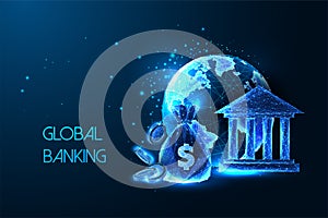 Concept of global banking system with planet Earth, money bag, coins and bank building on dark blue