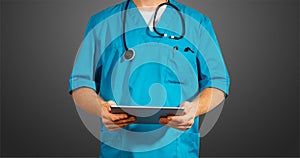 Concept of global medicine and healthcare. Unrecognizable doctor using digital tablet. Diagnostics and modern technology on black