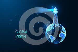 Concept of global vision with planet Earth globe and lighthouse in futuristic glowing style on blue