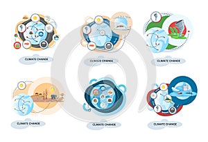 Concept of global warming, climate change, natural disaster, ecological catastrophy icons set