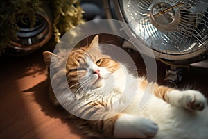Concept of global warming: Fat cat cools down by ventilator.