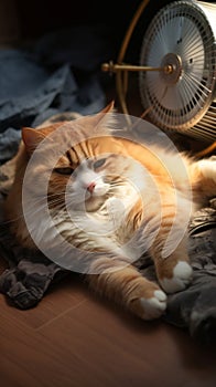 Concept of global warming: Fat cat cools down by ventilator.