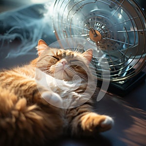 Concept of global warming: Fat cat cools down by ventilator.