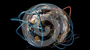 Concept of globalization of electronic internet technologies, usb cable with planet earth. AI generated.