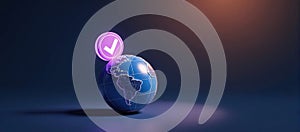 Globally secure verification data approved A cartoony symbol of a checkedoff globe emphasizing global cybersecurity in a digital