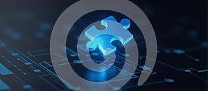 A glowing blue puzzle piece floats over a futuristic digital interface representing a key missing detail in technologydata