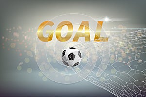 Concept of a goal is represented by a message and a soccer ball that goes into the net with colorful circle Bokeh on gradient blue