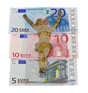 Concept gold jesus crucify euro banknotes isolated photo