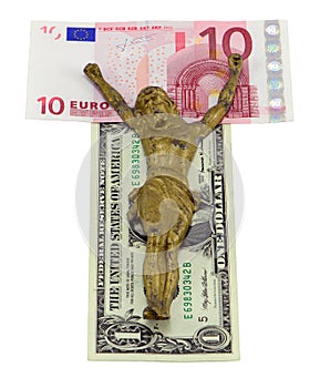 Concept gold jesus crucify euro dollar isolated