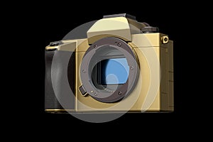 Concept of gold nonexistent DSLR camera isolated on a black background.
