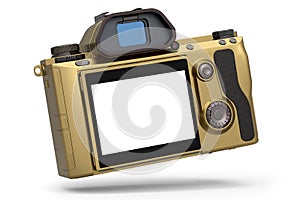 Concept of gold nonexistent DSLR camera isolated on a white background.