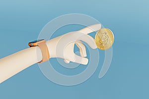 the concept of a good salary. the hand on which the smartwatch reaches for the coin on a blue background. 3D render