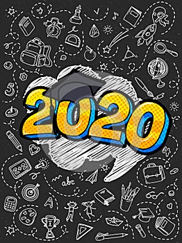 Concept of a graduating class of 2020. Numbers with graduation cap in pop art style