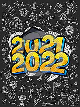 Concept of a graduating class of 2021-22. Numbers with graduation cap in pop art style