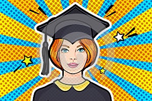 Concept of a graduating class. Girl in Graduation cap in pop art style