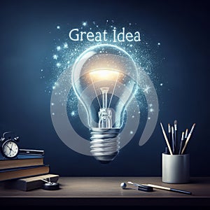 Concept Great Idea, Creativity and Innovation, glowing light bulb background with copy space