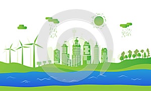 Concept green city with renewable energy sources. Ecological city with blue river, green trees, wind energy and solar panels.