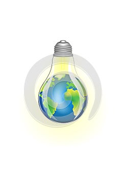 Concept green energy, lighting electric lamp and earth on a white background square vector illustration