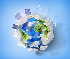 Concept of green energy and protect enviroment nature. Green planet earth with batteries of solar energy and wind power installed